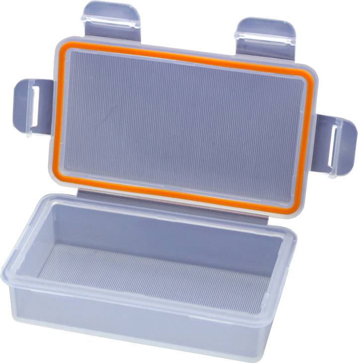 Otwarte, szare plastikowe pudełko z pokrywką, odpowiednie do przechowywania małych przedmiotów. Pokrywka posiada pomarańczowe uszczelnienie.