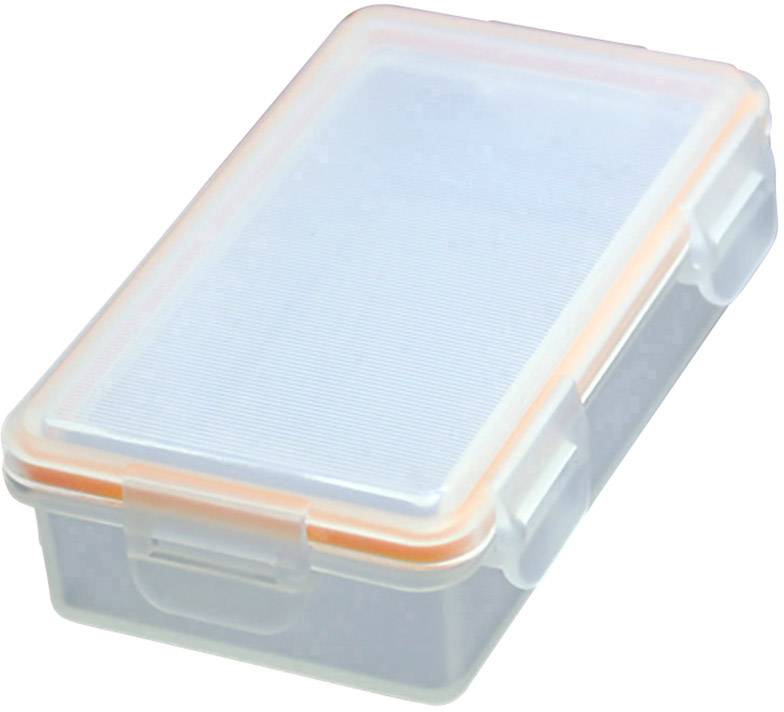 Prostokątny, przezroczysty pojemnik z tworzywa sztucznego z pomarańczowym pierścieniem uszczelniającym i dwoma zamknięciami po bokach.