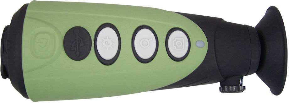 Ręczny monokular w kolorze zielono-czarnym z czterema przyciskami na górnej powierzchni, w tym włącznikiem/wyłącznikiem i opcją aparatu.