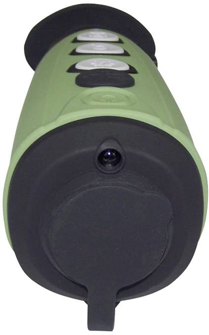 Zielona lornetka z wieloma okrągłymi przyciskami. Widok z przodu z widoczną pokrywą obiektywu. Urządzenie do poprawy widzenia.