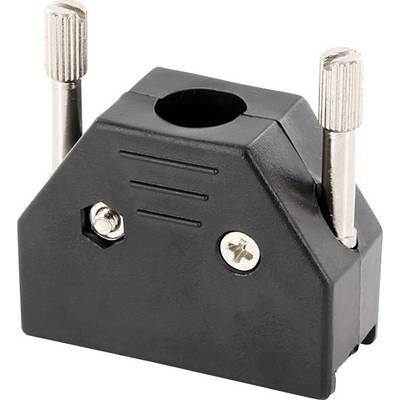 Czarny element metalowy z śrubami i rowkami, prawdopodobnie część urządzenia mechanicznego lub elektronicznego.