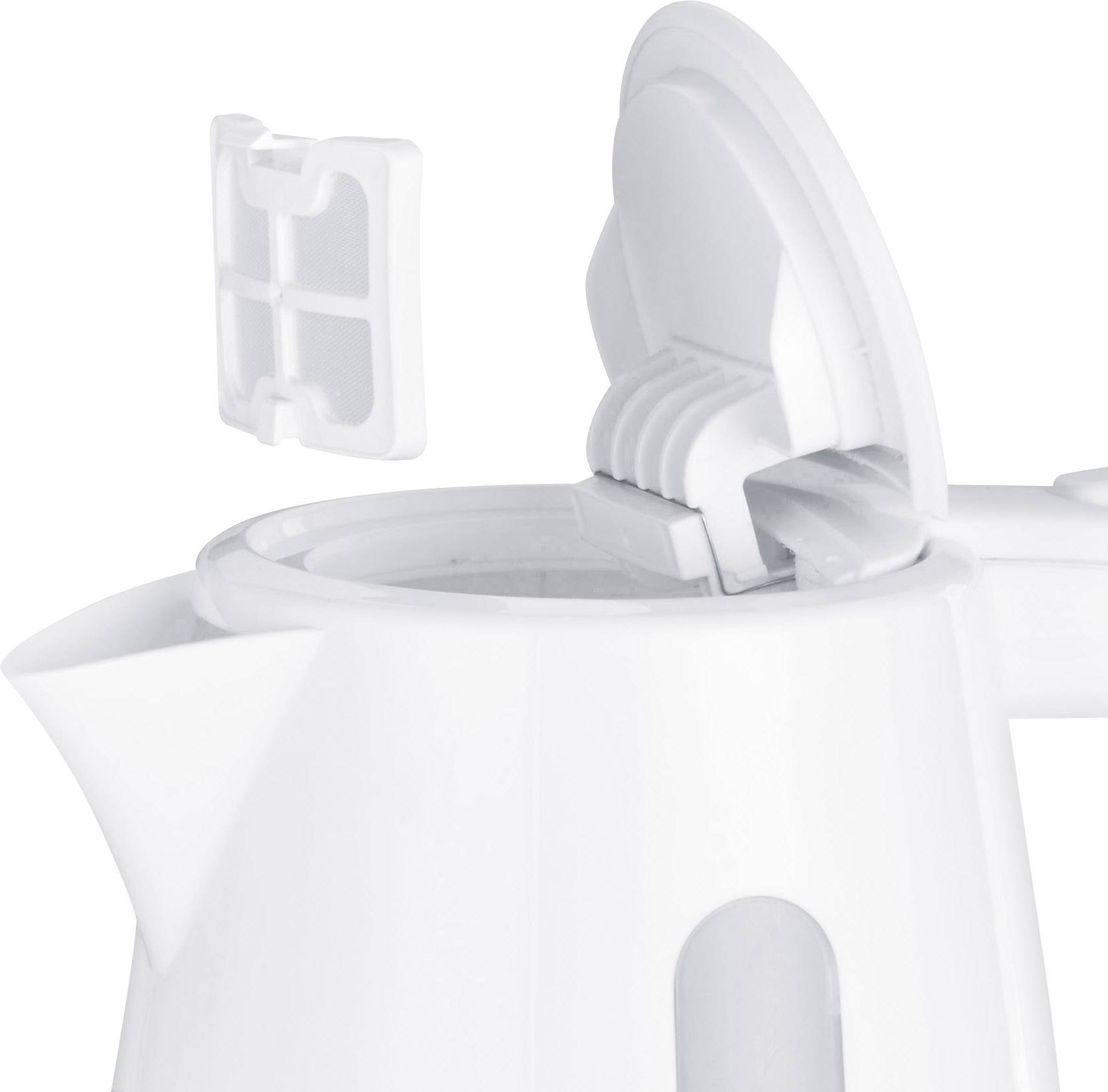 Biały czajnik elektryczny z otwartą pokrywką i wyjmowalnym filtrem, gotowy do napełnienia lub wyczyszczenia.