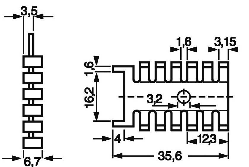 Rysunek techniczny elementu elektronicznego o wymiarach: 6,7 x 16,2 mm. Przedstawia wymiary pinów i wsporników dystansowych.