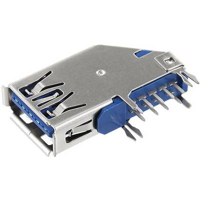 Srebrzysto-niebieskie złącze USB z wieloma metalowymi stykami, przeznaczone do montażu na płytce drukowanej.