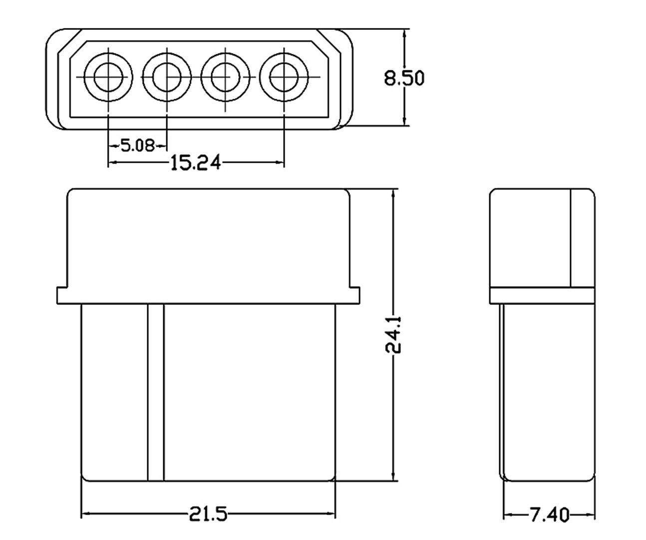 Rysunek techniczny wtyczki z wymiarami: górna szerokość 15,24 mm, wysokość 24,1 mm, szerokość boczna 21,5 mm. Przedstawia widok z góry i widok z boku.