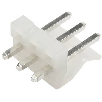 Biały, czterobolcowy złącz z długimi metalowymi pinami do montażu na płytce drukowanej, stosowany do połączeń elektrycznych.