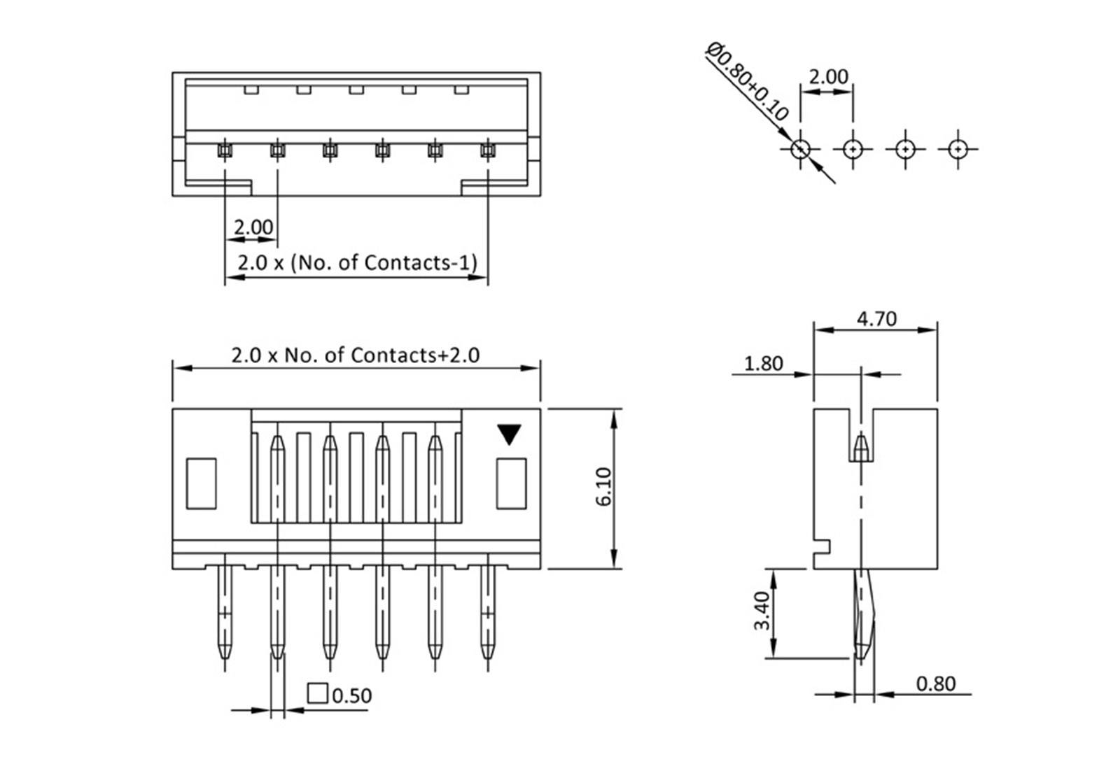 Rysunek techniczny złącza z wymiarami: wysokość 6,10 mm, szerokość 2,00 mm na kontakt, głębokość 4,70 mm. Oznaczone styki wtykowe i otwory mocujące.