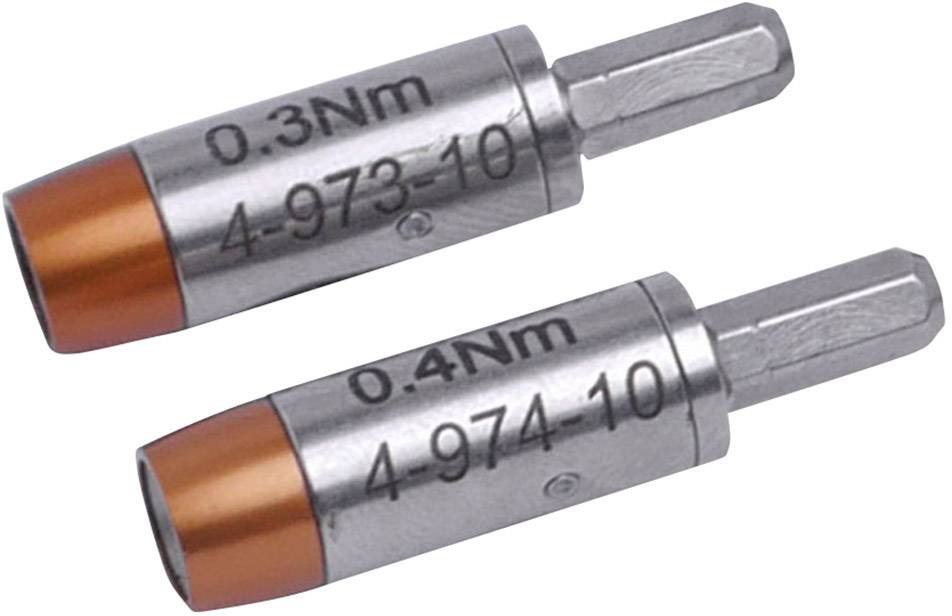 Dwa srebrne i pomarańczowe nakładki śrubowe z grawerunkami: '0.3Nm 4-973-10' oraz '0.4Nm 4-974-10', leżą obok siebie.