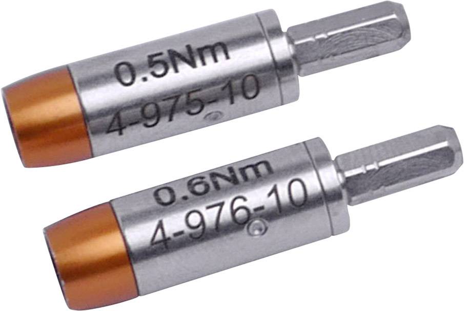 Dwa adaptery momentu obrotowego z pomarańczowymi końcówkami, jeden z oznaczeniem '0,5 Nm', drugi z '0,6 Nm', każdy z własnym numerem seryjnym.