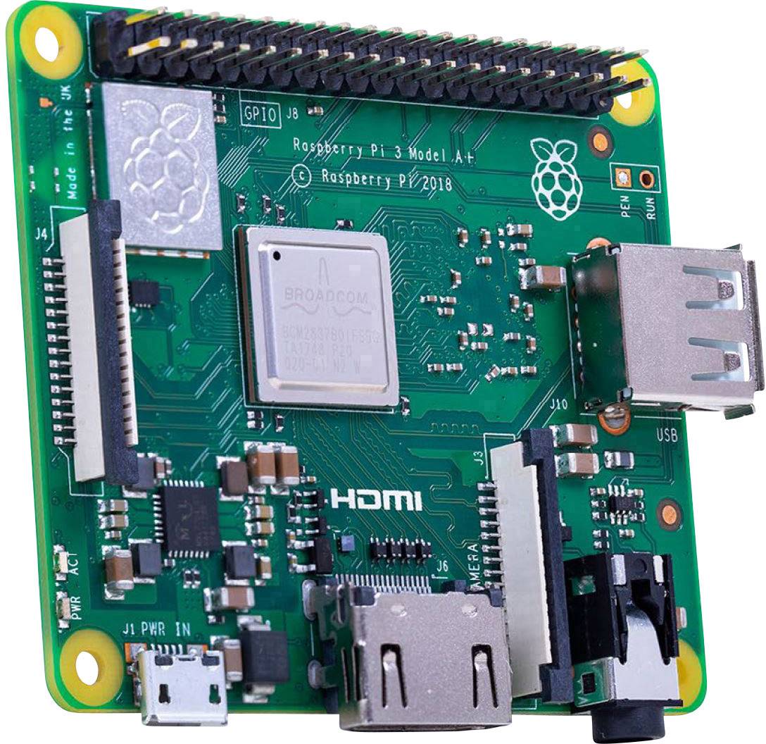 Płytka Raspberry Pi 3 Model A+ z portami HDMI i USB, z widocznymi wieloma elementami elektronicznymi. Zaprojektowana do różnorodnych projektów elektronicznych.