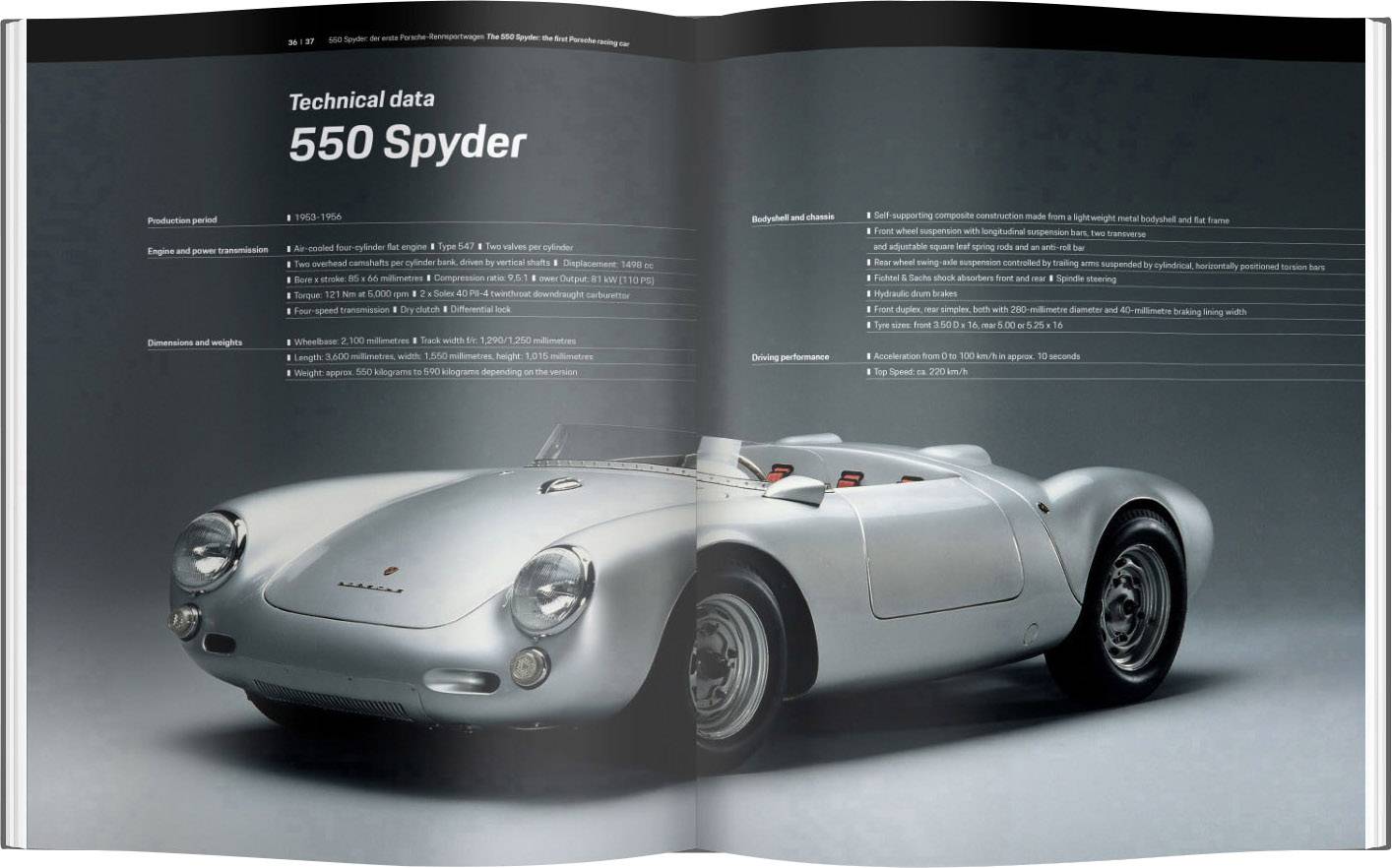 Dane techniczne Porsche 550 Spyder. Zdjęcie przedstawia srebrny samochód sportowy z boku na tle otwartego układu książkowego.