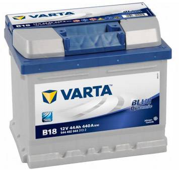 Akumulator samochodowy marki Varta, model Blue Dynamic B18, 12V, 44Ah, 440A. Napis przedstawia szczegóły produktu i logo marki.