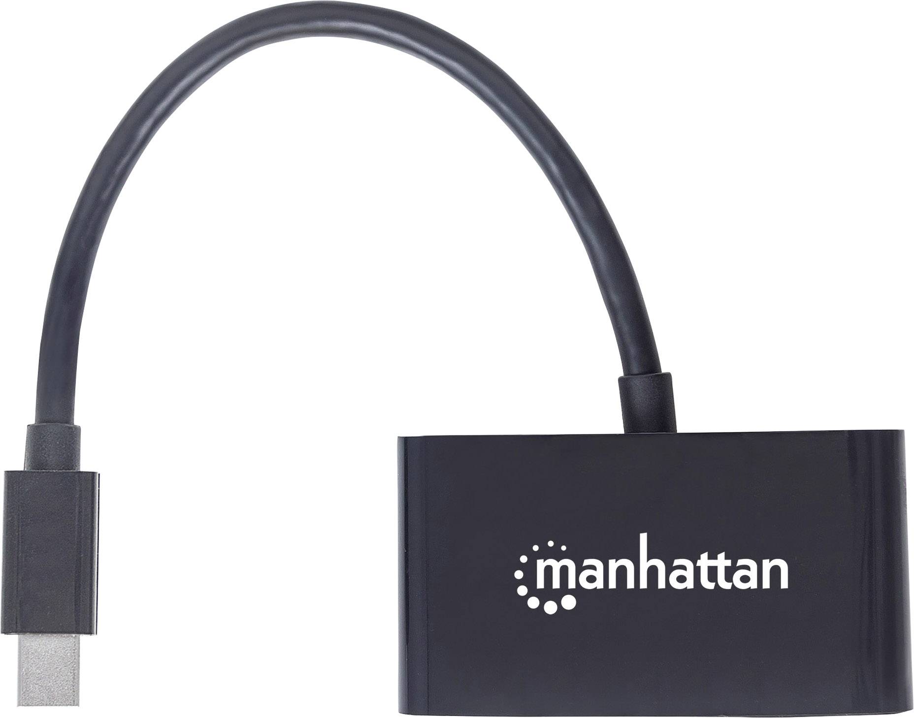 Czarny adapter Manhattan z wtyczką USB-C i gniazdem HDMI, umożliwiający podłączenie urządzeń wyposażonych w złącze HDMI.