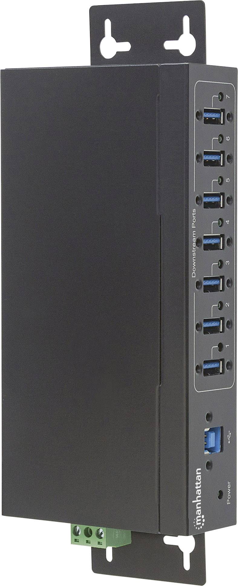 Czarny przemysłowy hub USB z wieloma portami i opcją montażu ściennego, przeznaczony do zastosowań przemysłowych i zapewniający stabilne połączenie danych.