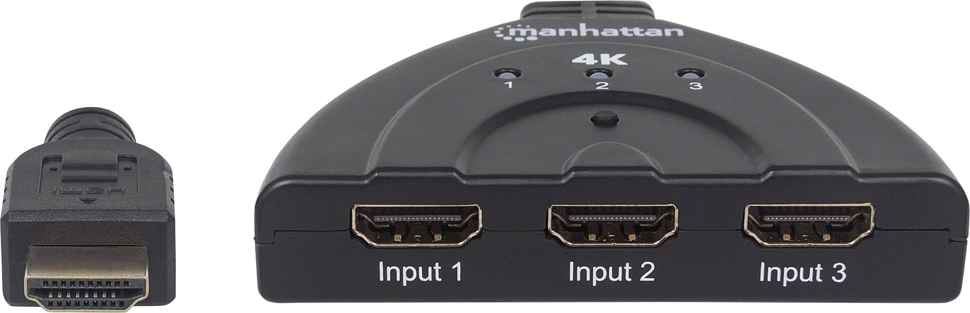 Rozdzielacz HDMI z trzema wejściami, oznaczonymi jako Wejście 1, Wejście 2 i Wejście 3. Obsługuje rozdzielczość 4K.