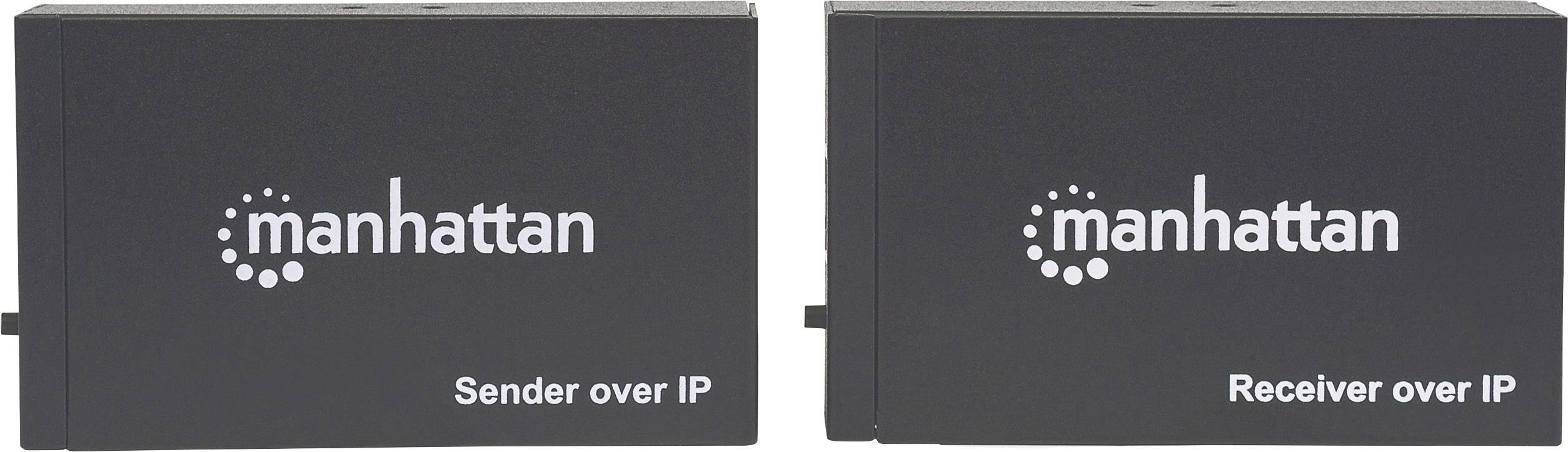 Dwa czarne pudełka z napisem 'manhattan', po lewej stronie 'Nadajnik przez IP', po prawej stronie 'Odbiornik przez IP', ustawione obok siebie.