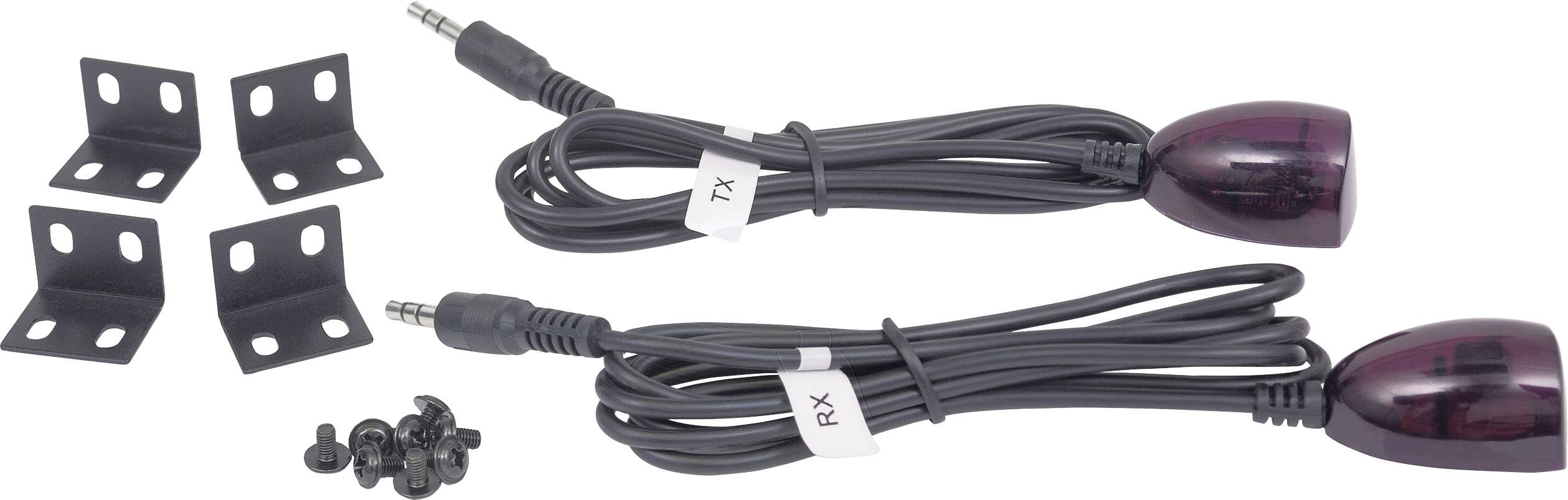 Dwa odbiorniki i nadajniki podczerwieni z etykietami 'RX' i 'TX', odpowiednie uchwyty i śruby, na białym tle.