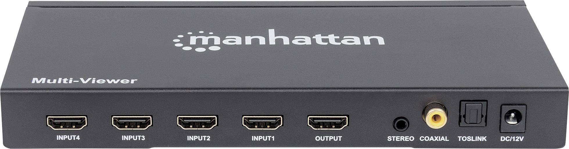 Wielowejściowy przełącznik Manhattan z czterema wejściami HDMI, jednym wyjściem HDMI, złączami audio stereo, koaksjalnym oraz złączem TOSLINK.