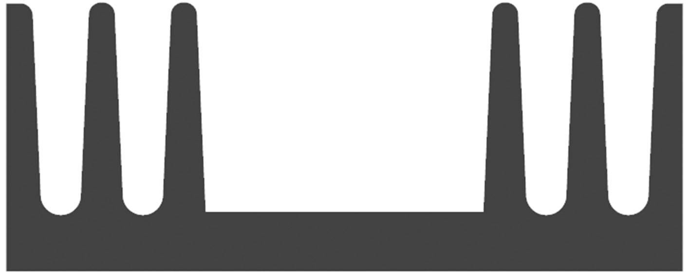 Czarna, prostokątna forma z czterema równomiernie rozmieszczonymi, cylindrycznymi czubkami na górnej stronie, przypominająca koronę.