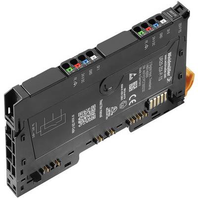 Elektroniczny moduł z wieloma złączami, wejściami/wyjściami i opisami na tylnej stronie, prawdopodobnie przeznaczony do automatyzacji.