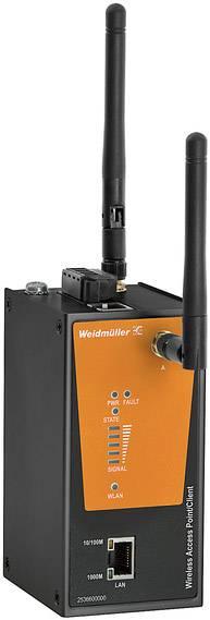 Urządzenie IoT firmy Weidmüller z dwiema antenami, wskaźnikami LED dla 'Zasilania' i 'Sygnału' oraz złączem LAN.