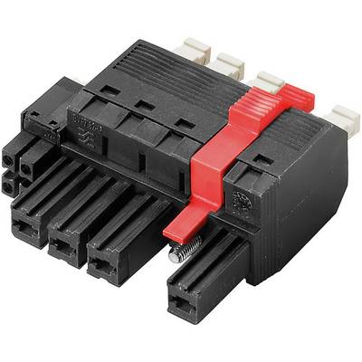 Czarny elektryczny złącz z czterema gniazdami i czerwonym przesuwnikiem zabezpieczającym połączenie.