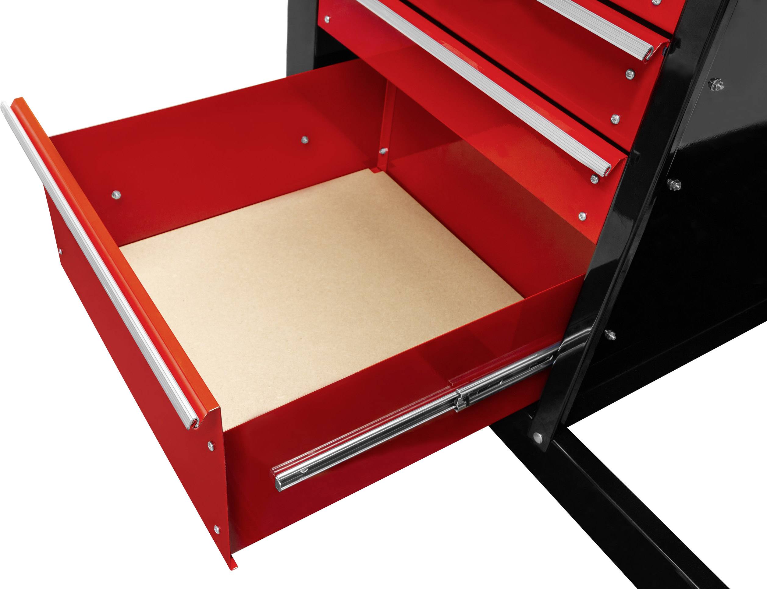 Czerwona szafka narzędziowa z otwartą, pustą szufladą. Szafka wykonana jest z metalu i posiada kilka szuflad.