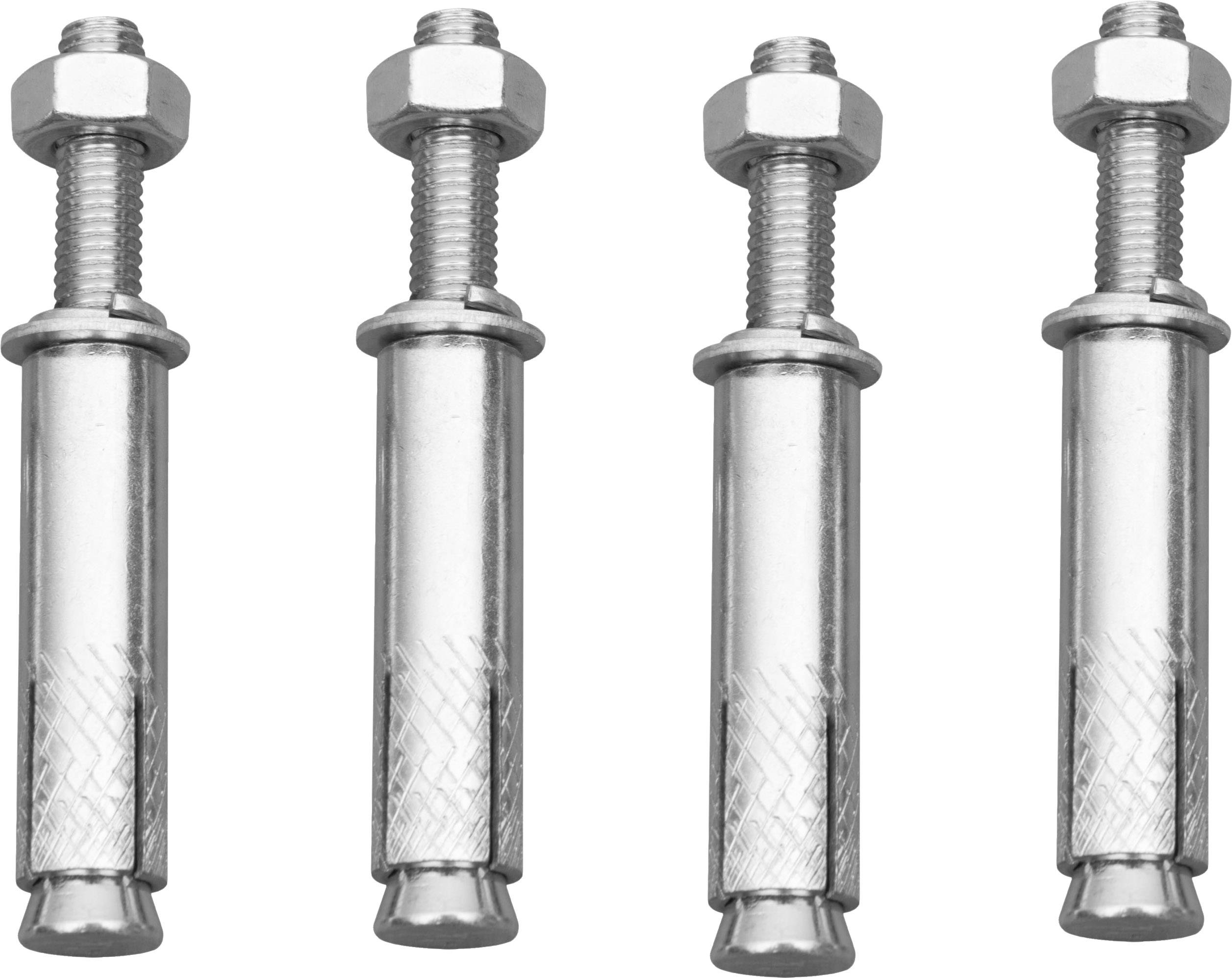 Cztery srebrne śruby, każda z łbem śruby i nakrętką, stoją w rzędzie na białym tle.