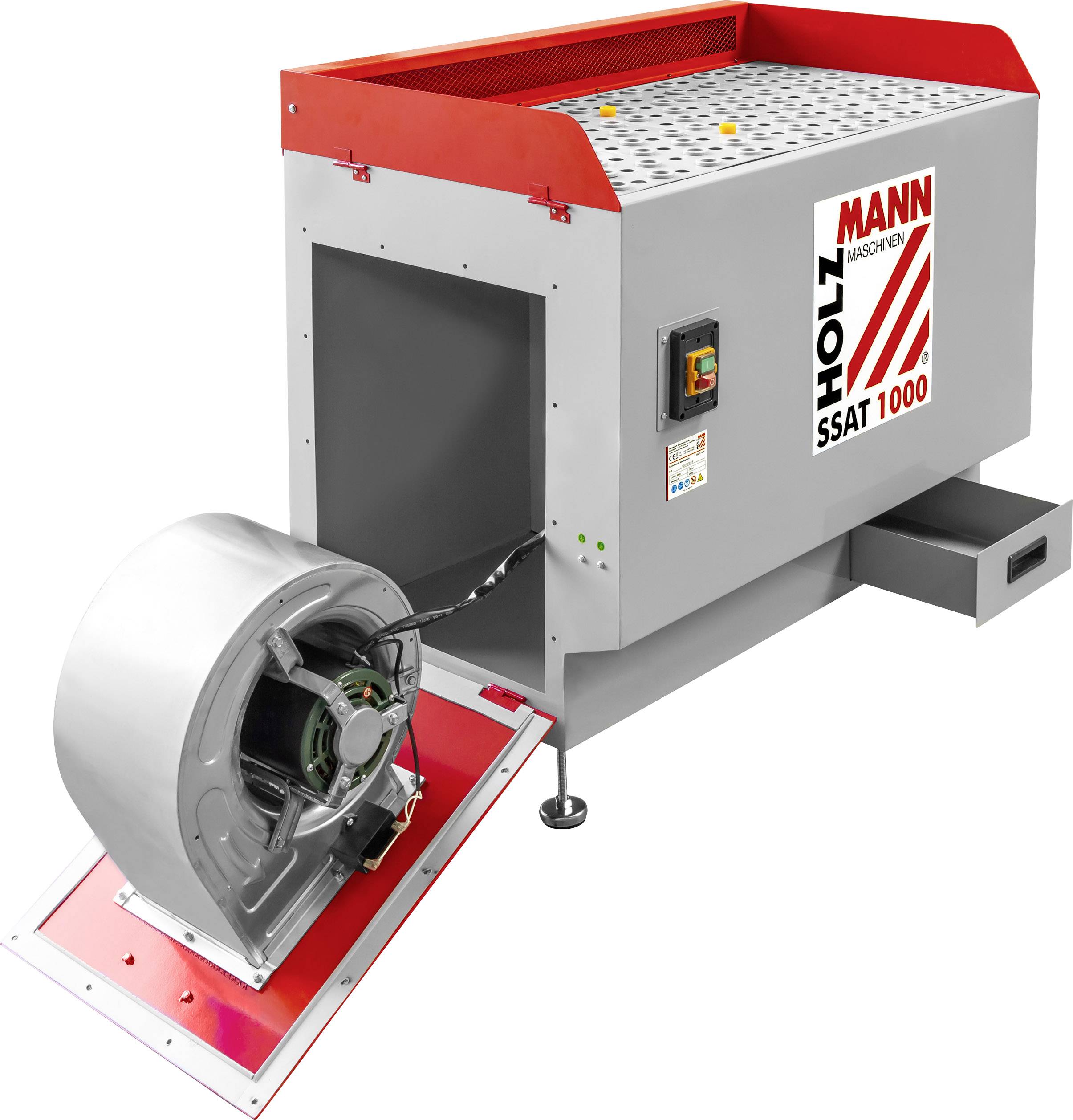Maszyna do obróbki kawałków drewna, z obudową w kolorze czerwonym i szarym. Na boku widoczny napis 'Holzmann' i 'SSAT 1000'.