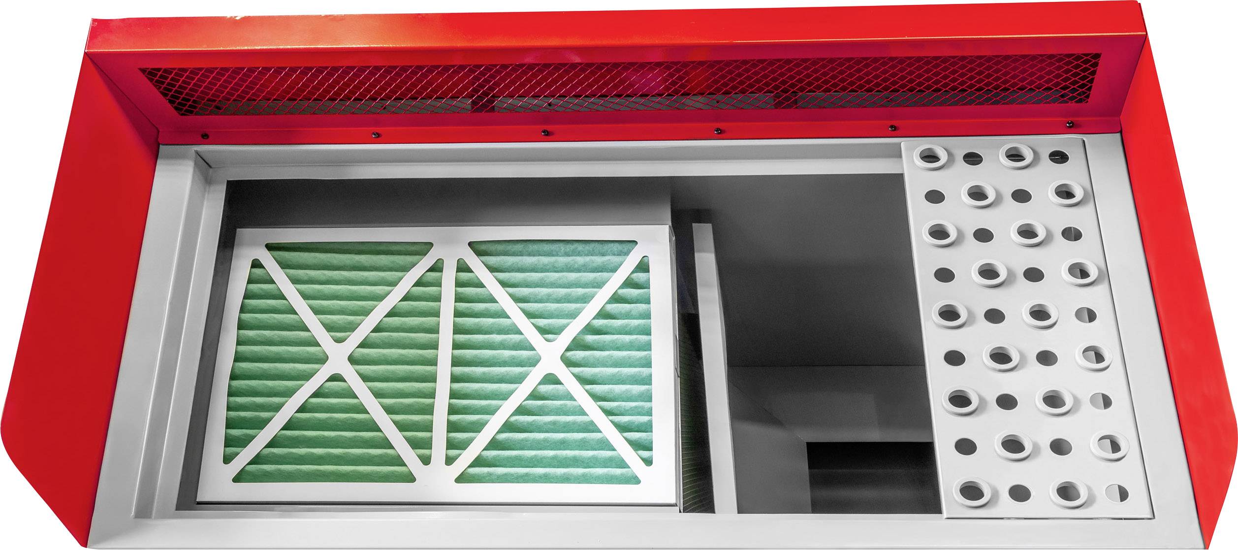 Czerwona obudowa systemu wentylacyjnego z zielonym i białym wkładem filtracyjnym, po prawej stronie z otworami wentylacyjnymi.