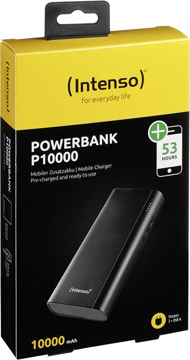 'Intenso Powerbank P10000' Opakowanie. Tekst na pudełku: 'Przenośny powerbank', 'Wstępnie naładowany i gotowy do użycia', '53 godziny'. Pojemność: 10000 mAh.