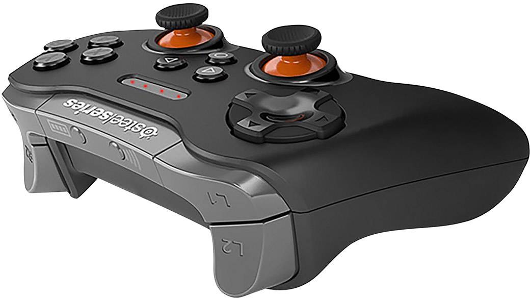 Czarny kontroler do gier z pomarańczowymi analogowymi drążkami i kilkoma przyciskami na przedniej stronie.