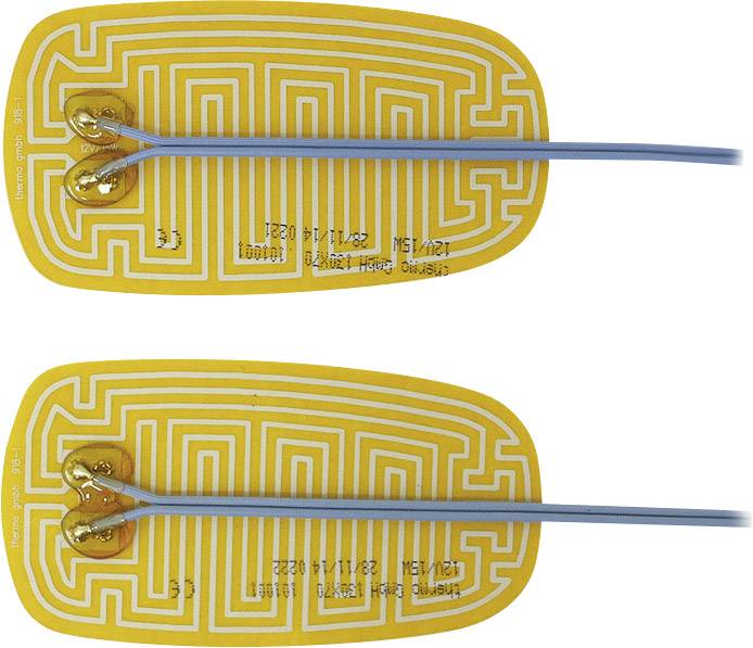 Dwa żółte elementy grzewcze z niebieskimi kablami, każdy z kompleksowym wzorem obwodu elektronicznego.