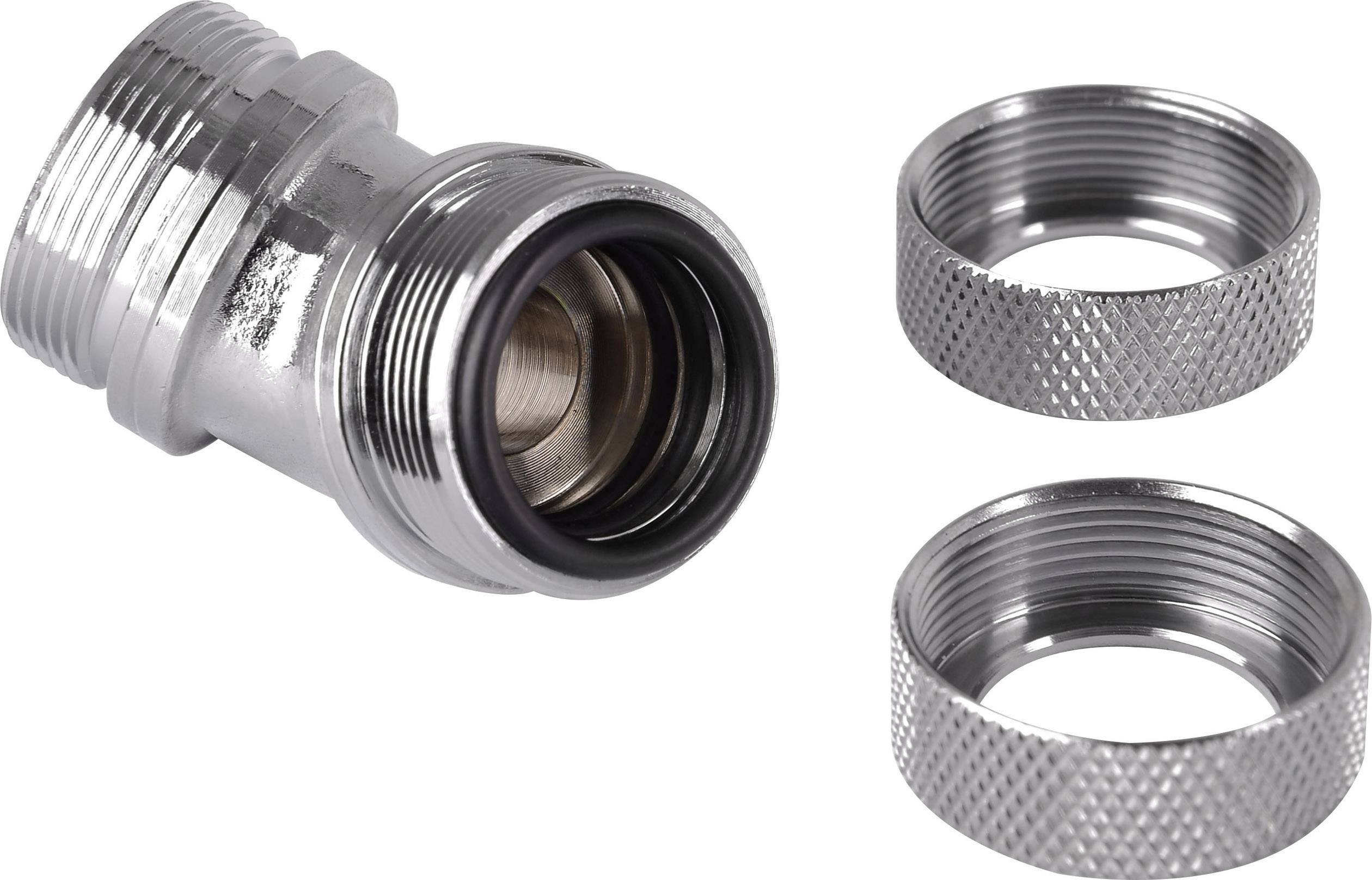 Chromowany adapter z dwoma dodatkowymi pierścieniami, prawdopodobnie do podłączenia przewodów lub urządzeń wodociągowych.