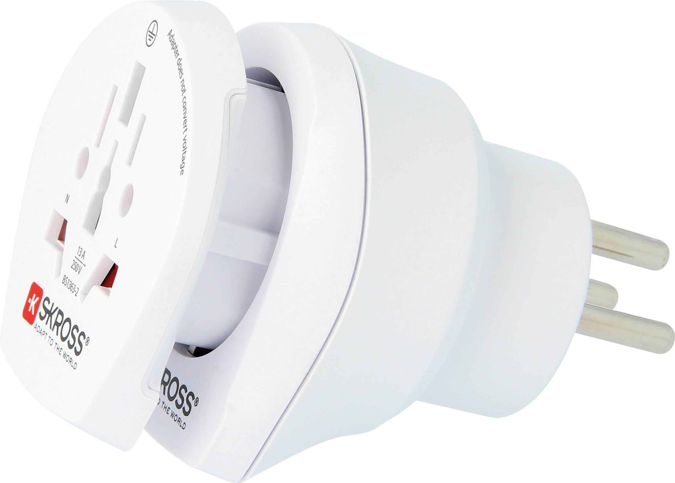 Uniwersalny adapter podróżny z wieloma rodzajami wtyczek, odpowiedni do podróży międzynarodowych. Biała, kompaktowa budowa.