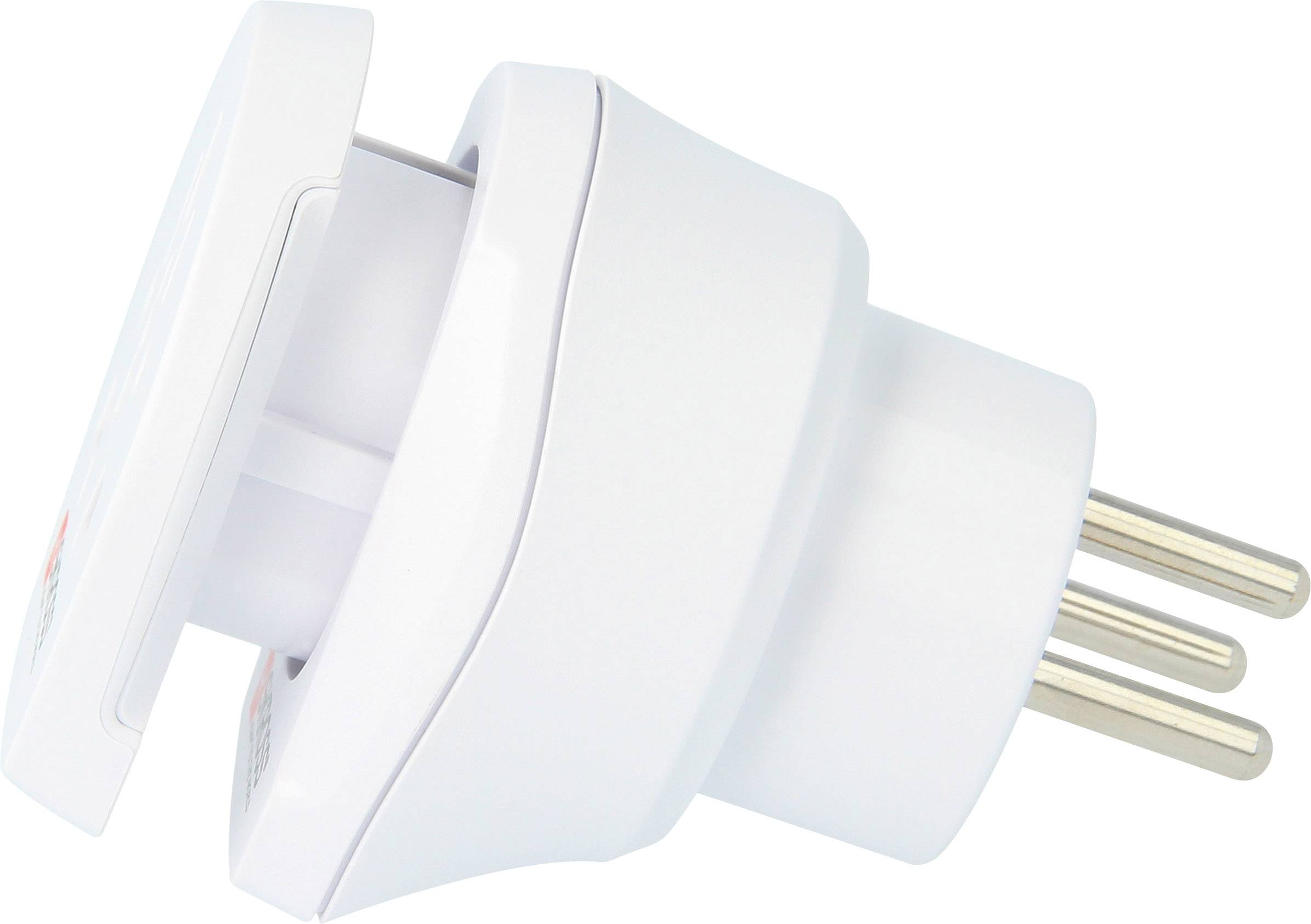 Biały adapter wtykowy z zagiętą wtyczką Schuko i trzema stykami elektrycznymi.