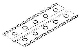 Metalowy element łączący o ząbkowanych krawędziach oraz symetrycznym rozmieszczeniu okrągłych otworów w dwóch rzędach.
