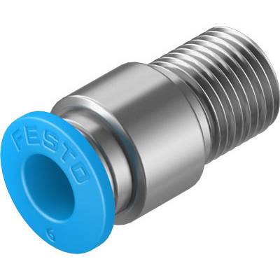 Srebrny złącznik metalowy z niebieską plastikową nakładką z napisem 'Festo'.