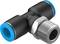 Trójnik pneumatyczny: czarny plastik z niebieskimi nakładkami, gwint metalowy prawy. Łączy trzy przewody powietrzne.