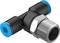 Trójnikowy łącznik przewodów z metalową końcówką i niebieskim kapturkiem, stosowany do połączenia trzech przewodów w systemie pneumatycznym.