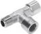 Błyszczący, srebrny trójnik metalowy służący do łączenia rur. Posiada trzy otwory gwintowane: jeden męski i dwa żeńskie.