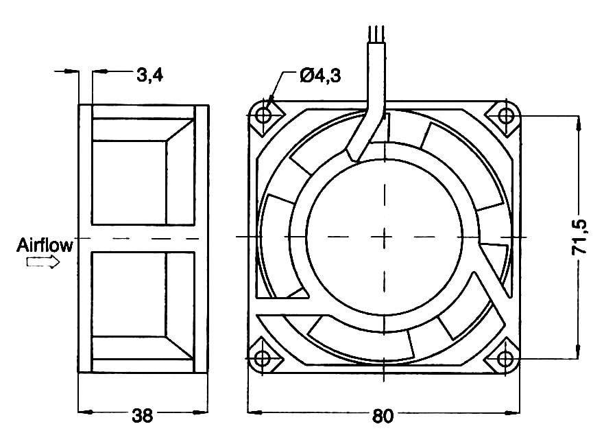Rysunek techniczny wentylatora komputerowego z wymiarami: 71,5 mm wysokości, 80 mm szerokości, 38 mm głębokości. Kierunek przepływu powietrza w lewo.
