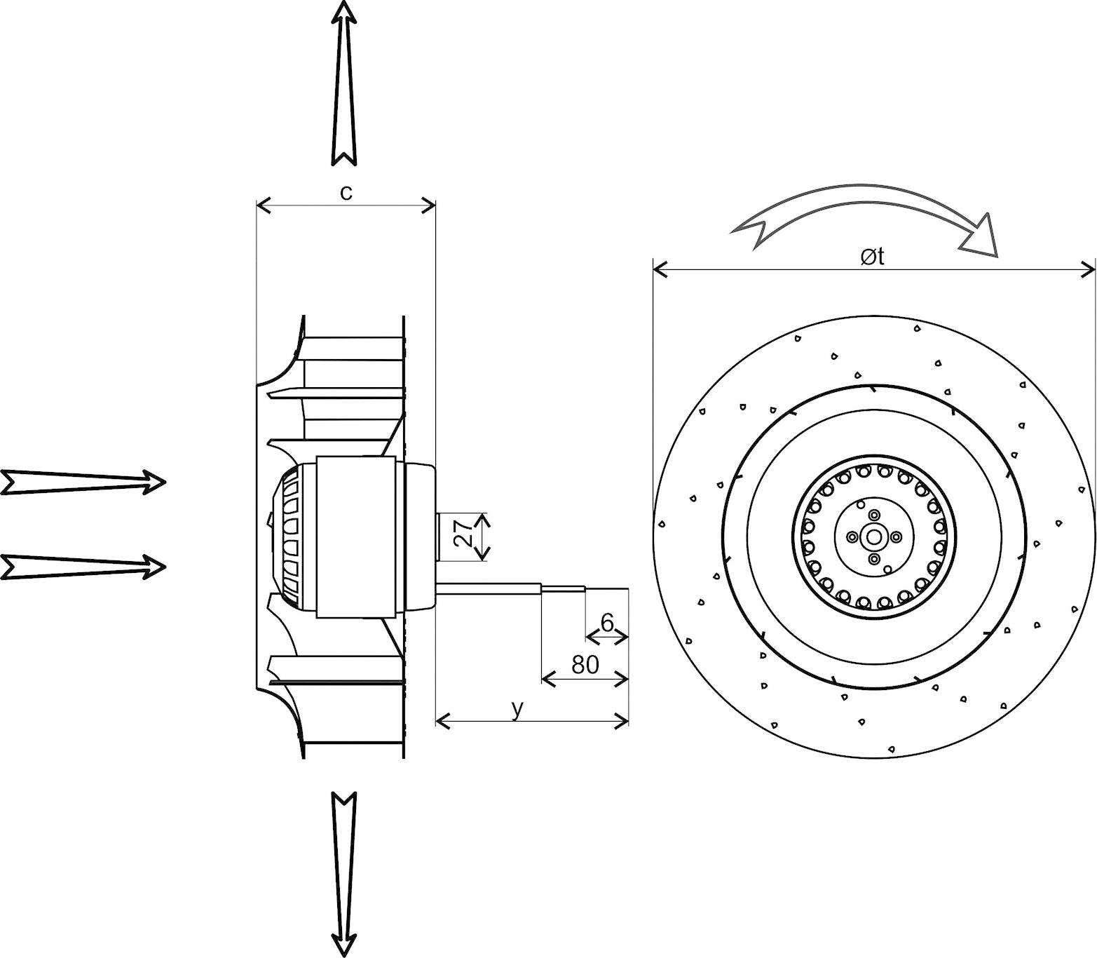 Радіальний вентилятор Ecofit 2RRE45-250X50R L47-A3, 230 В/АС, 1400 м³/год, (Ø x В) 252 мм x 103,5 мм