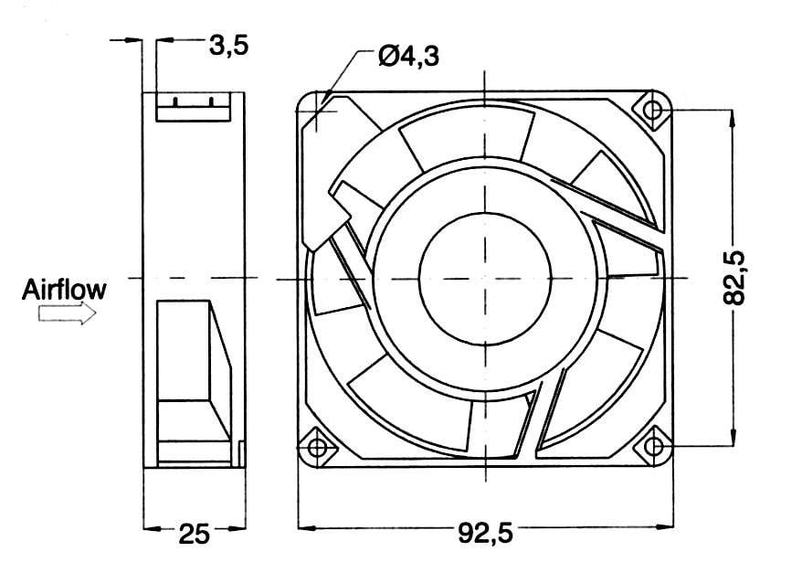 Diagram wentylatora z wymiarami: szerokość 92,5 mm, wysokość 82,5 mm, głębokość 25 mm. Przepływ powietrza wskazany w lewo.