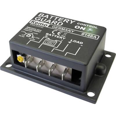 Czarny kontroler baterii z napisem 'Batterie Guard'. Wyświetlacz wskazuje 'Control On'. Złącza dla baterii i obciążenia.