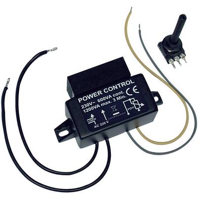 Elektroniczny element składowy z napisem 'Power Control', przystosowany do pracy ciągłej przy 230V/600VA, wyposażony w przewody przyłączeniowe i potencjometr.
