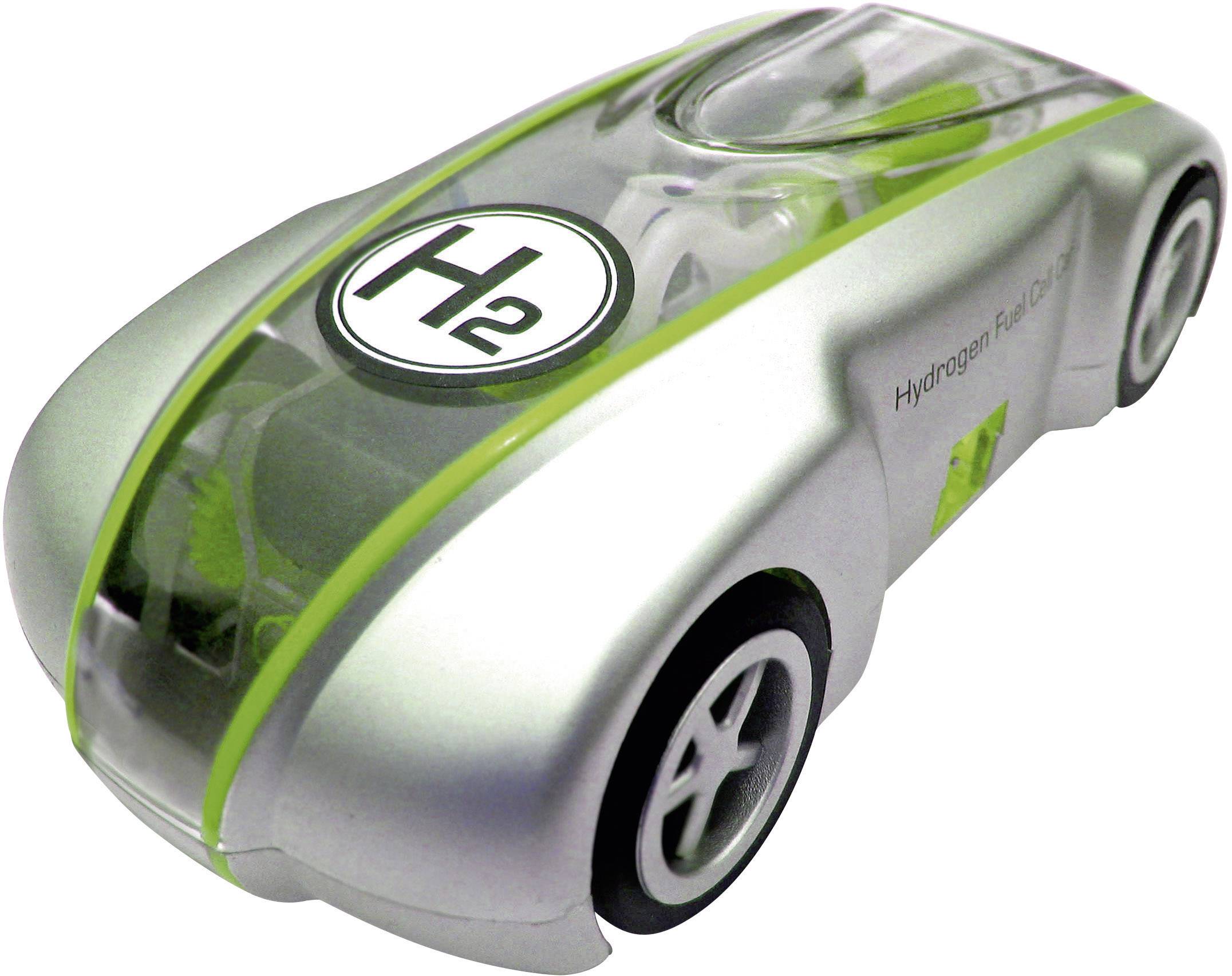 Futurystyczny model samochodu z napędem wodorowym, w kolorze srebrnym z zielonymi akcentami i symbolem 'H2' na masce.