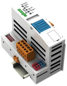 Elektryczny moduł wtykowy z wieloma gniazdami i złączami, z napisem 'WAGO', przedstawia różne połączenia do instalacji elektrycznych.