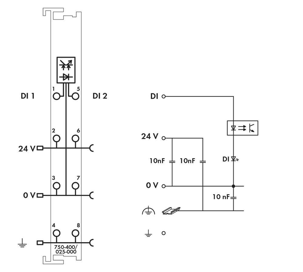 Schemat elektryczny z symbolami i oznaczeniami dla elektronicznego systemu sterowania, przedstawiający komponenty takie jak diody, kondensatory oraz wartości napięć.