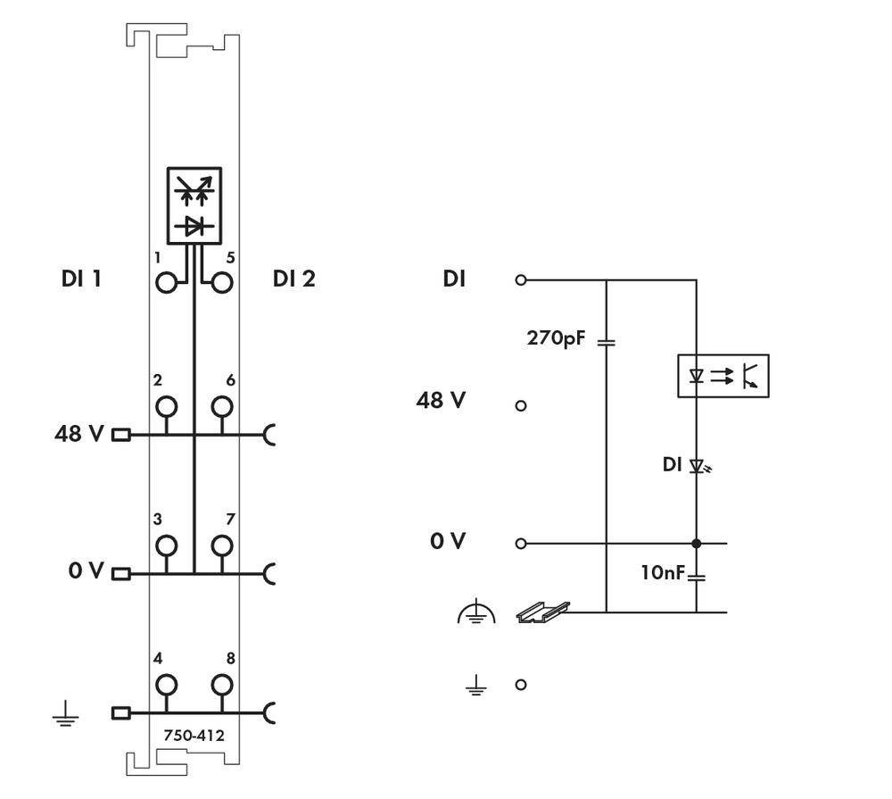 Schemat elektryczny z dwoma wejściami (DI 1, DI 2) przy 48 V i 0 V. Symbol sieci i kondensatory (270 pF, 10 nF) są połączone.